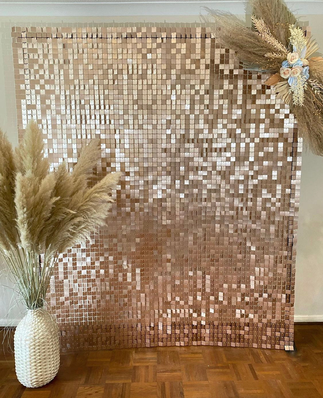 Beige gold sequin wall - Supply my events Shimmer wall backdrop - event decorations - wedding decor - party decor - sequin walls official - solaair sequin walls - party decor - interior design - sequin panels