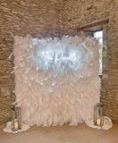 Handmade luxury white cloth back feather wall backdrop for weddings and events by Supply My Events